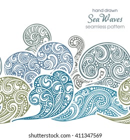 Seamless border pattern with hand drawn doodle sea waves. Vector illustration with fancy design elements in blue colors. 