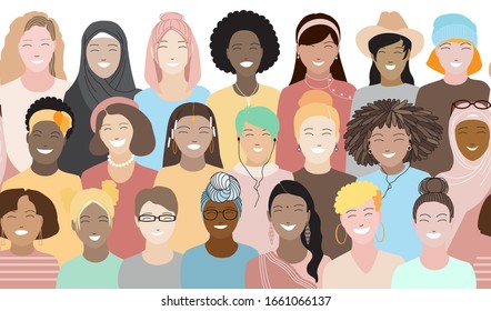 Seamless border pattern of happy smiling international women group. Beautiful diverse female faces. Multicultural, multi ethnic diversity. Solidarity of girls community team, crowd vector illustration