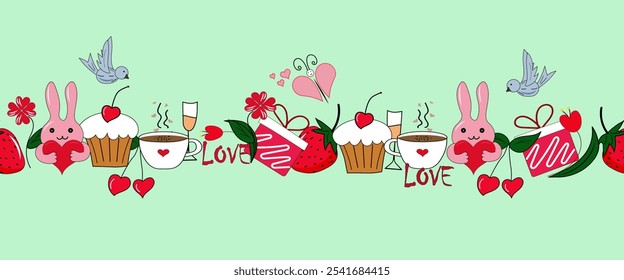 Seamless border- pattern horizontal with Valentine's day elements - heart, cherry's, bunny,coffee cup,flowers,love,cupcakes. Design for postcard, gift wrapping etc. Vector.