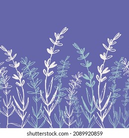 Seamless border pattern with lavender plants for surface design. The colors of the 2022 year Very Peri, blue a violet-red undertone background. Palette with Anthracite and Cloud Dancer colors