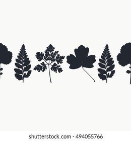 Seamless border pattern. Border with leaves of forest trees, herbs and flowers. Herbarium. Nature concept.