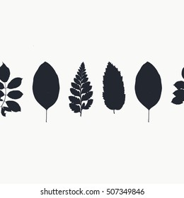 Seamless border pattern with leaves of trees, herbs, flowers, and branches. Herbarium. Nature. Decor.