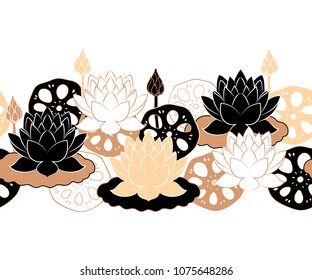 Seamless border pattern with lotus root and flowers. Hand drawn vector floral illustration.  