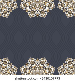 Patrón de borde sin costuras con mandalas. Patrón de vector sin fisuras Mandala. Bordes de encaje de Mehndi. Textura sin fin. Espacio para texto. Vector de fondo de color. Mandala de color marrón y beige.