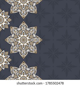 Nahtlose Grenzmuster mit Mandalas. Mehndi grenzt an. Endlose Textur. Platz für Text. Vektorfarbener Hintergrund.