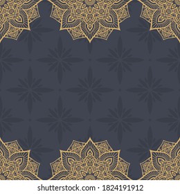 Seamless border pattern with mandalas. Mehndi lace borders. Endless texture. Space for text. Vector color background.