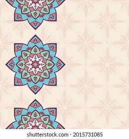 Nahtlose Grenzmuster mit Mandalas. Mehndi grenzt an. Endlose Textur. Platz für Text. Vektorfarbener Hintergrund.