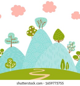 Seamless border pattern with mountain hilly landscape with foliar plants and trees. Scandinavian style. Environmental protection, ecology. Park, exterior space, outdoor. Vector flat illustration