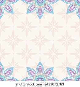 Seamless border pattern with pastel color mandalas. Mandala ornamental borders. Endless texture. Space for text. Vector color manala background.