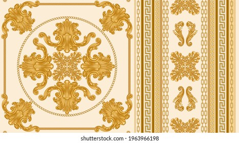 Seamless border pattern print on a beige background, Gold chains and cables, Greek Meander frieze, Baroque scrolls and pearl shell. Scarf, neckerchief, kerchief, carpet, rug, mat frieze