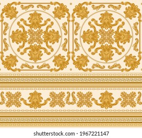 Seamless border pattern print on a beige background, Gold chains and cables, Greek Meander frieze, Baroque scrolls and pearl shell. Scarf, neckerchief, kerchief, carpet, rug, mat frieze