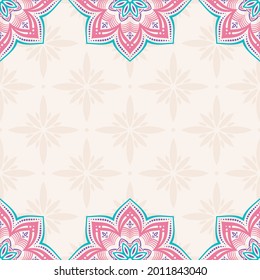 Seamless border pattern with red and turquoise color mandalas. Mehndi lace borders. Endless texture. Space for text. Vector color background.