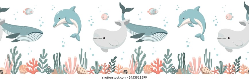 Patrón de frontera sin fisuras con animales marinos, corales y algas. Perfecto para niños de tela, Fondo de pantalla, papel de embalaje. Aislado sobre fondo blanco