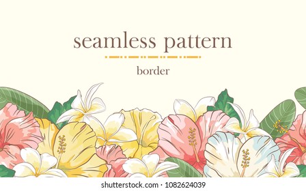 Seamless border pattern with sketch colorful blossoms. Seamless stripe with hand drawn hibiscus flowers and leaves. Vector illustration