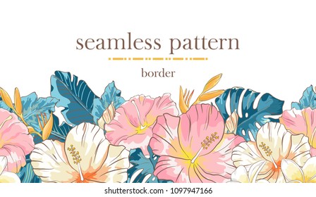 Seamless border pattern with sketch colorful blossoms. Seamless stripe with hand drawn hibiscus flowers and palm leaves. Vector illustration