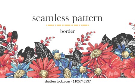 Seamless border pattern with sketch colorful blossoms. Seamless stripe with hand drawn chamomile bluebells and rose.  Vector illustration