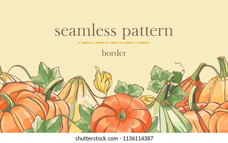 Seamless border pattern with sketch colorful pumpkin. Seamless autumn stripe . Vector illustration