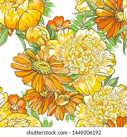 Seamless border pattern with sketch colorful blossoms. Background with peony, chamomile and leaves. Vector illustration