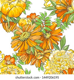 Seamless border pattern with sketch colorful blossoms. Background with peony, chamomile and leaves. Vector illustration