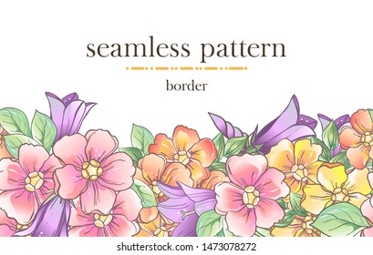Seamless border pattern with sketch colorful blossoms. Seamless stripe with hand drawn. Vector illustration