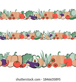 Seamless border pattern with sketch colorful vegetables and pumpkin. Seamless autumn stripe . Vector illustration