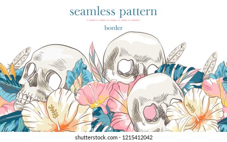 Seamless border pattern with sketch skulls and colorful blossoms. Seamless holiday stripe with hand drawn hibiscus flowers, feathers  and palm leaves. 