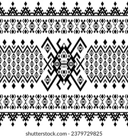 Seamless border pattern with unique ethnic background. Aztec and Navajo tribal contemporary style. Black and white colors. Design for fabric, textile, ornament, printing, interior, rug.