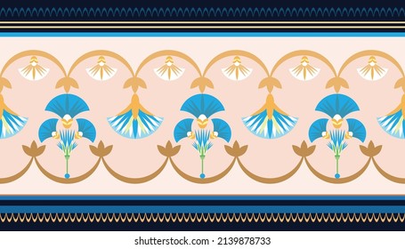 Seamless border  pattern vector illustration of the Egyptian ancient  ornament with a lotus flower, leaves,  papyrus, palm tree.  Egyptian culture element  For wallpaper, wrapping, fabric, background