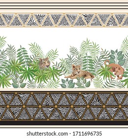 Seamless border pattern of vector savannah safari animals and golden chins fringe with zebra stripes. Lioness and tiger cub, branches, grass, herbs, bush and palm tree leaves on a white background
