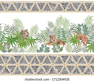 Seamless border pattern of vector savannah safari animals and golden chins fringe with zebra stripes. Lioness and tiger cub, branches, grass, herbs, bush and palm tree leaves on a white background