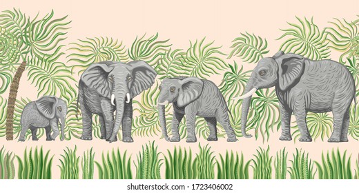 Seamless border pattern of vector savannah animals. African elephants, palm tree leaves, grass, herbs, bush isolated on a beige background