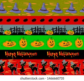 Seamless border patterns with different kind of pumpkins, black cats, spiders and other elements. Set of Halloween symbols. Can be used for holiday design, creating packing, textile and more.
