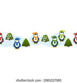 Seamless border with penguins and fir trees. Cute winter holidays background.