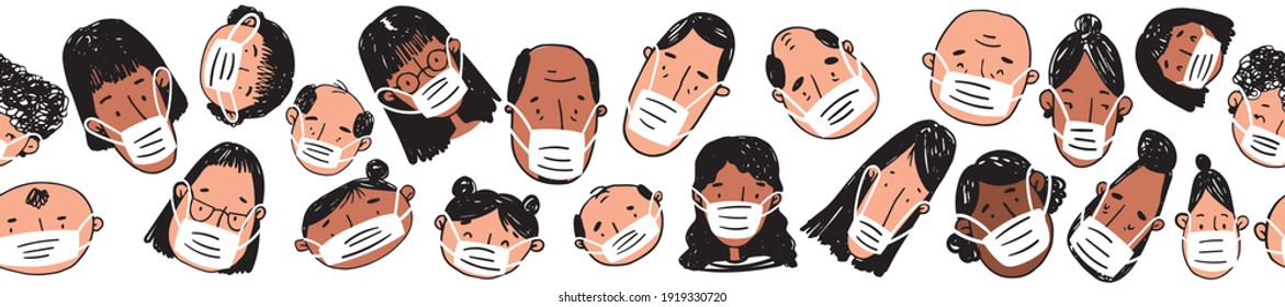 Seamless border with peoples in face masks. Sketch. Hand-drawn graphics. Line art. Cartoon characters. Vector illustration