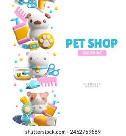 Borde sin fisuras para una tienda de mascotas con juguetones iconos 3D de figuras de mascotas y herramientas de aseo en una Ilustración vectorial.