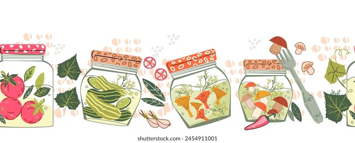 Seamless border with pickled vegetables in jars for harvest saving and food preserving themes, canned food labels design element, flat hand drawn vector illustration isolated on white.