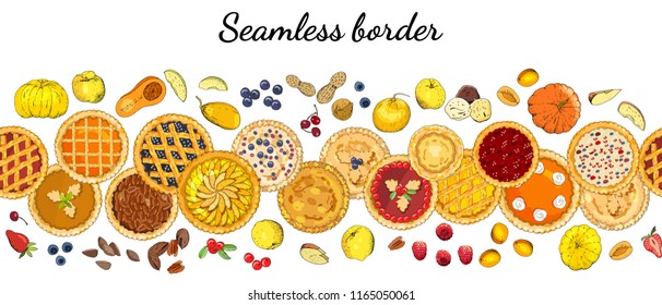 Seamless border with pies, fruits, nuts, apples, pumpkins, berries. The theme of autumn, harvest and thanksgiving.