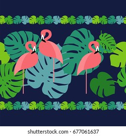 Seamless border. Pink Flamingo on a tropical background. Textile rapport.