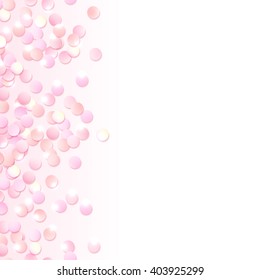 Seamless border of pink realistic confetti, design template for gift, certificate, voucher, AD brochure and so. Colorful vector illustration isolated on white.