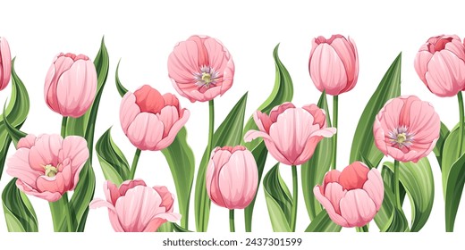 Borde sin costuras de tulipanes rosas sobre un fondo aislado. Ilustración con flores de primavera para Pascua, Día de la Madre, etc. Conveniente para la decoración, tela, tarjetas, fondos, fondos de pantalla