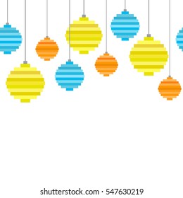 Seamless border Pixel art Christmas tree ball composition. Flat design. Christmas background, greeting card for New Year with copy space