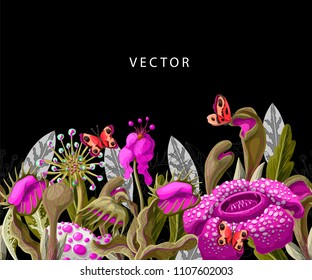 Seamless border with plant predators flowers such as Venus flycatcher, sundew and  other. Unique floral illustration.