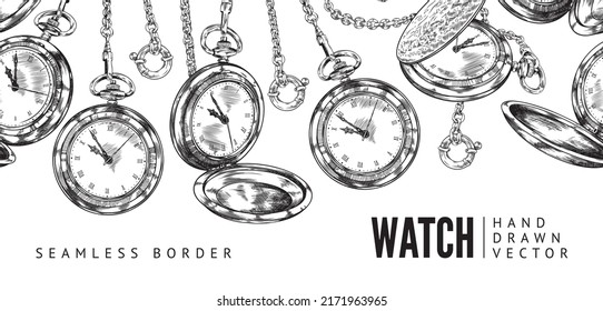 Seamless border with pocket watches, vintage style hand drawn vector illustration isolated on white background. Decorative endless border with retro watches on chain.