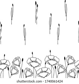 Seamless border with poppy buds and flowers. Black outline drawing on a white background. Vector illustration. Print for textiles, wrapping paper.