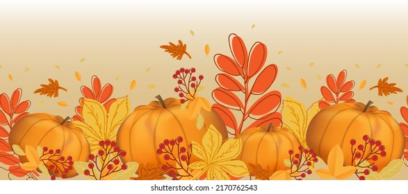 Seamless border, poster, card. Autumn leaves, branch with rowan berry and pumpkins on beige background.