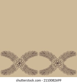 Seamless border print of spruce twigs and pine cones in pastel tones. Vector illustration, digital background, surface design.
