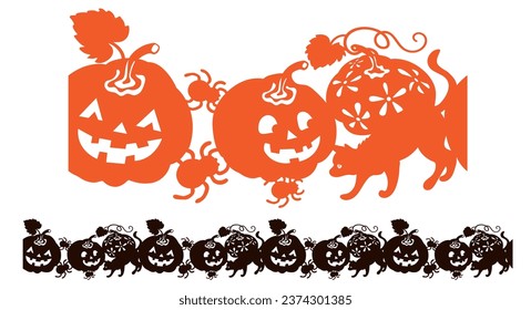 Seamless border with pumpkins, cat and spiders for Halloween. Wrapper for everything or glass
