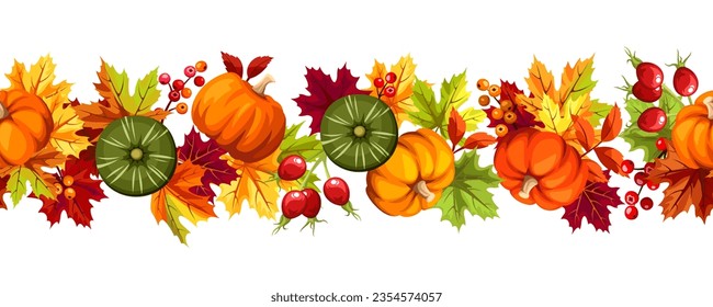 Seamless border with pumpkins, colorful autumn leaves, rowan berries, and rosehip. Vector illustration