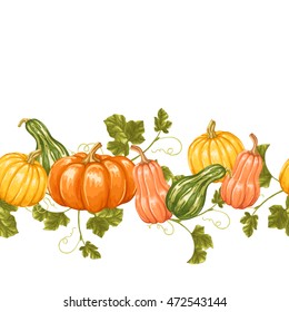 Seamless border with pumpkins. Decorative ornament from vegetables and leaves.