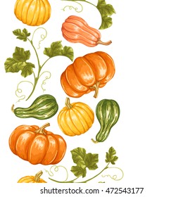 Seamless border with pumpkins. Decorative ornament from vegetables and leaves.